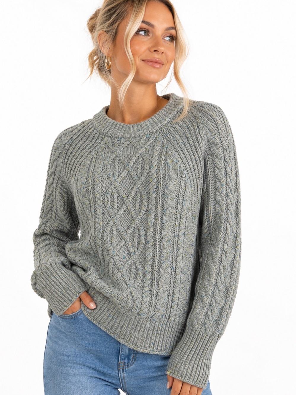 J. Crew Gray Wool Blend Chunky Cable Knit Metallic Thread Crewneck Sweater Sz M